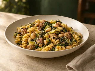 Illustrative Fusilli with Escarole, Cannellini Beans & Sausage