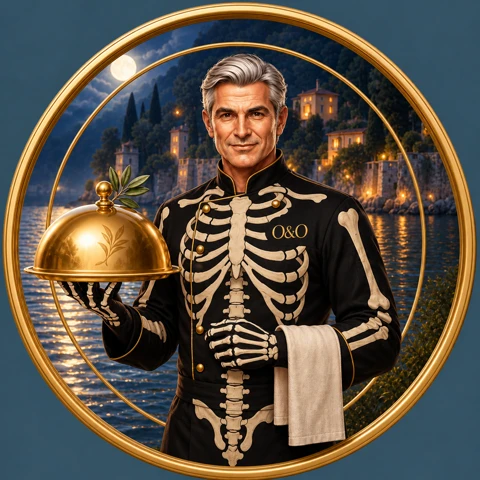 Chef Luigi in a skeleton costume holding his golden serving cloche